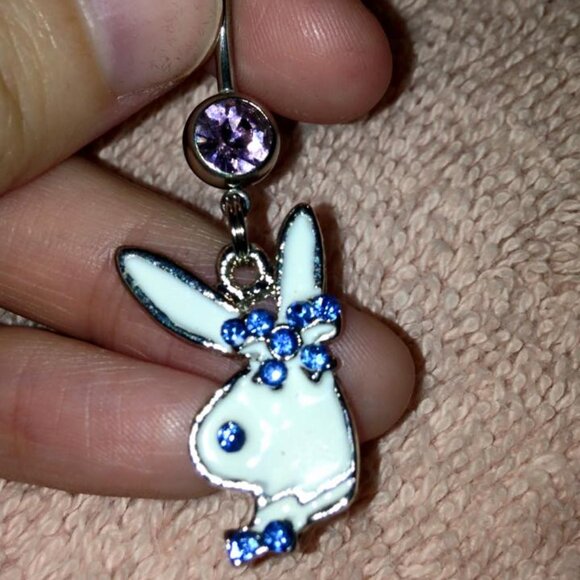 Pink and Blue Play boy-looking Bunny Dangle Belly Ring - Picture 8 of 16